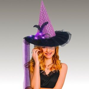 NWT Purple Witch Hat with LED‎ Lights, Feathers & Sequins